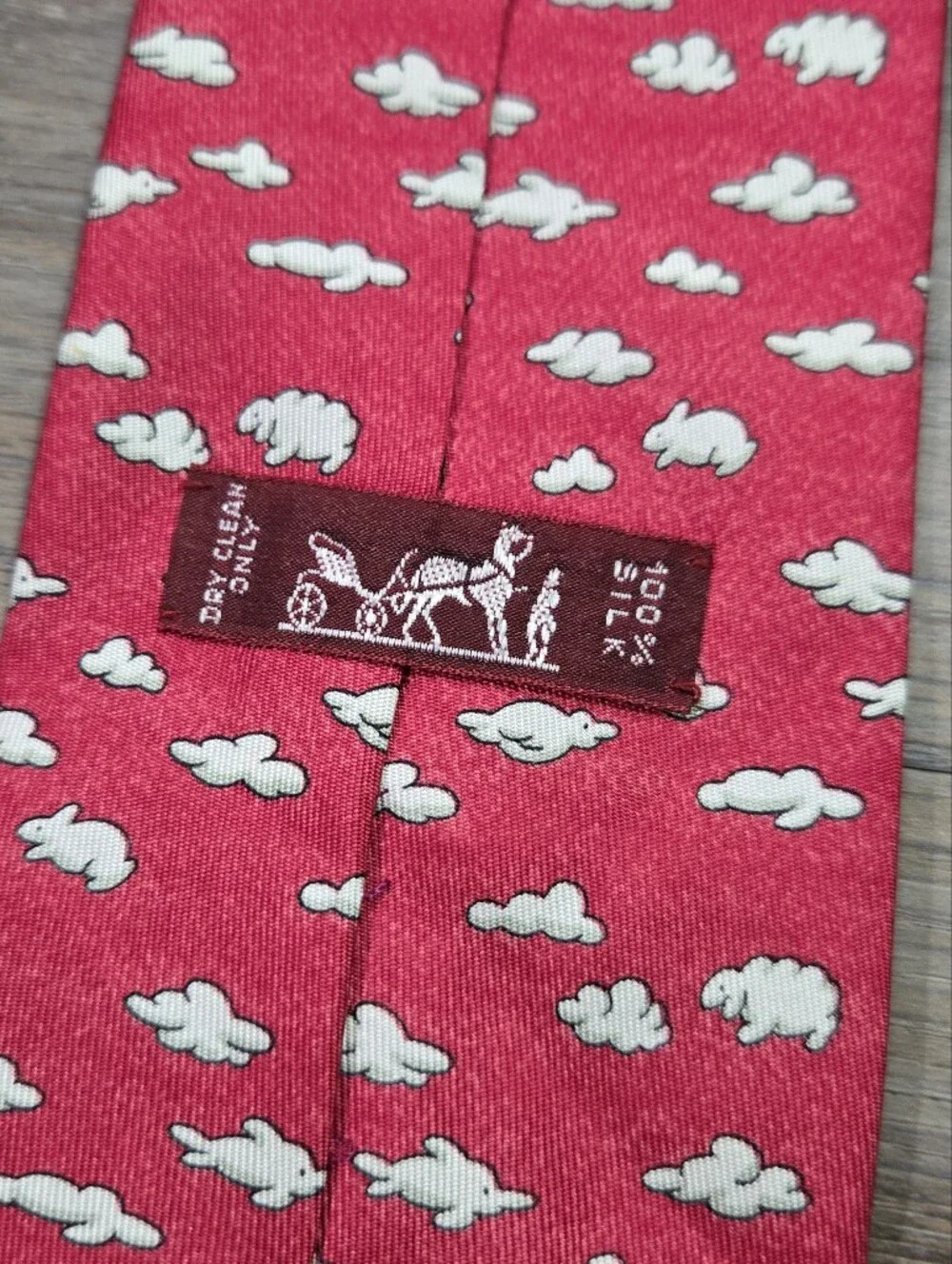 Vintage Hermes Paris Red Silk Necktie Cloud Bunny Rabbit Pattern France 7853 UA
